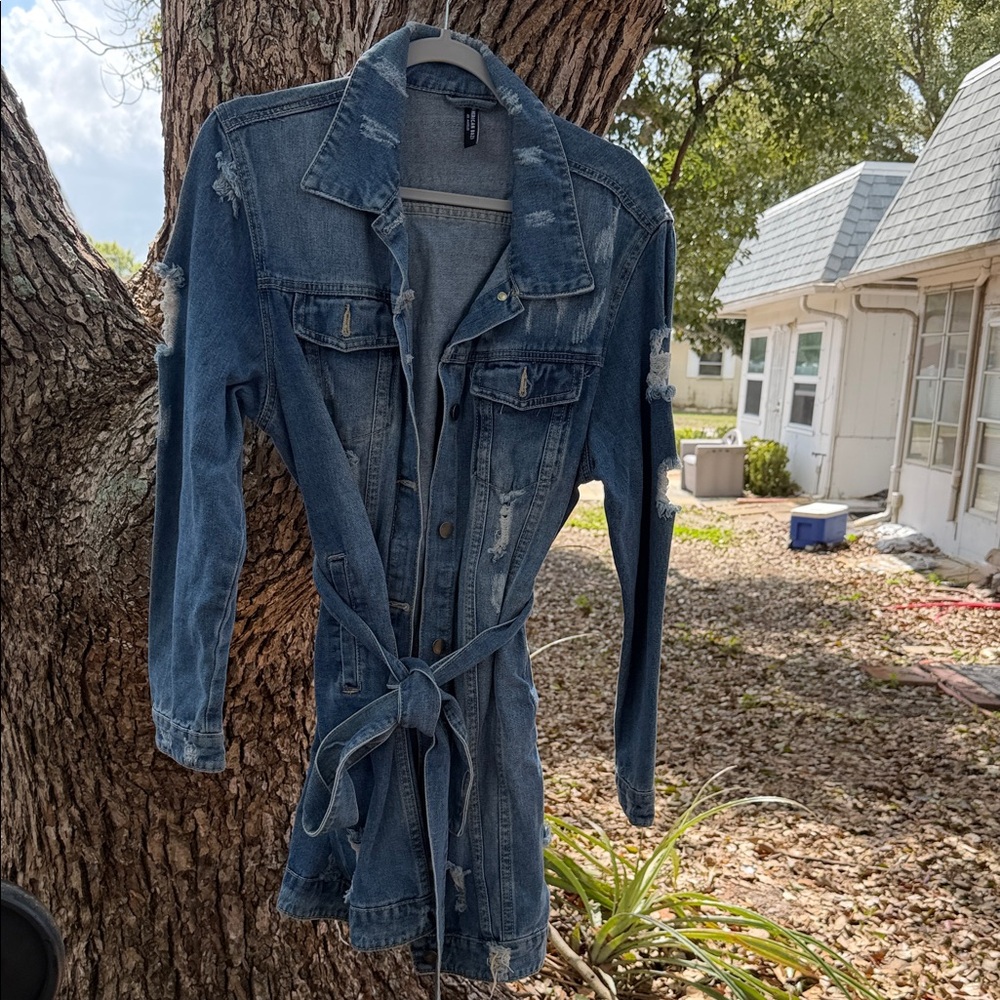 American Bazi Los Angeles Distressed couture Denim Tie-Waist Jacket - Size Med